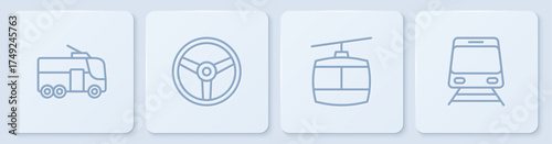 Set line Trolleybus, Cable car, Steering wheel and Train and railway. White square button. Vector