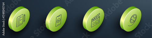 Set Isometric line Scenario, Online play video, Movie clapper and Film reel icon. Vector