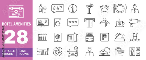Hotel amenities set of web icons in line style. Exclusive hotel amenities line icon collection. Containing Hotel, Wine, Info, Cocktail, Paw, Service, Client, PC. Editable stroke. Vector illustration.