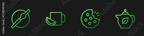 Set line Cookie or biscuit, Cigarette, Cup of tea with lemon and Teapot leaf. Gradient color icons. Vector