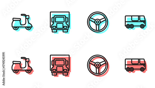 Set line Steering wheel, Scooter, Delivery cargo truck and Bus icon. Vector