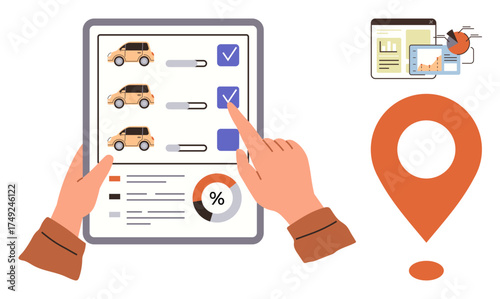 Hands reviewing car options on tablet checklist, bar graph, pie chart, location pin, and analytics board. Ideal for decision-making, logistics, fleet management, planning car sales delivery simple
