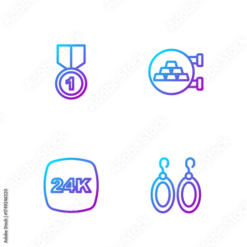 Set line Earrings, Gold bars 24k, medal and Jewelry store. Gradient color icons. Vector