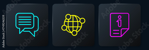 Set line Speech bubble chat, Information and Global technology. Black square button. Vector