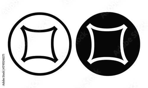 Two circles with a stylized square inside one white on black and one black on white simple design vector