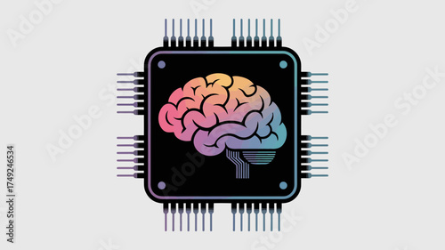 Illustration of a brain inside a microchip with pins on a solid light gray color background