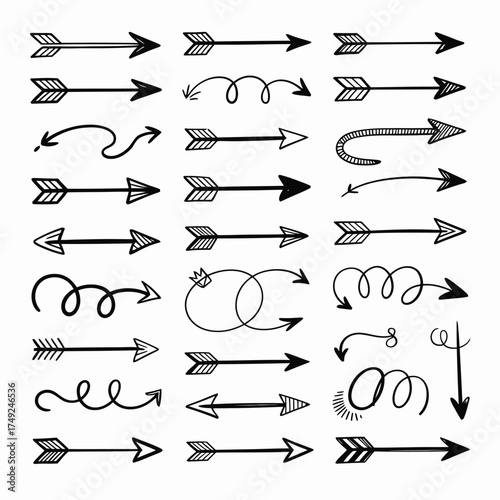 Hand drawn sketch style arrows collection vector graphic elements for declarative design projects silhouette