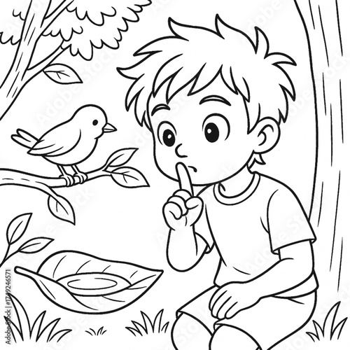 Quiet boy watches bird in nature. Peaceful line art for children's coloring, promoting mindful observation and nature appreciation