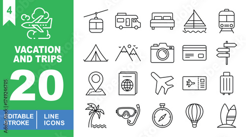 Vacation and trips set of web icons in line style. Exclusive vacation and trips line icon collection. Containing Cable Car, RV, Bed, Sailboat, Train, Tent, Mountain. Editable stroke. Vector 