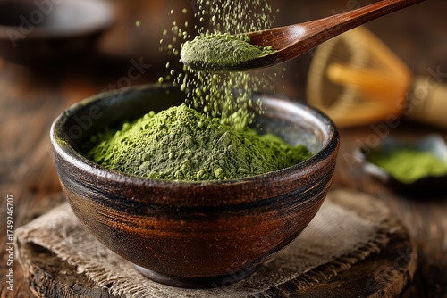 close up of matcha powder falling from above into an empty bowl on a wooden table