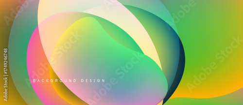 Abstract colorful layers overlap, creating dynamic visual effect. Gradient hues blend smoothly, forming modern design element.