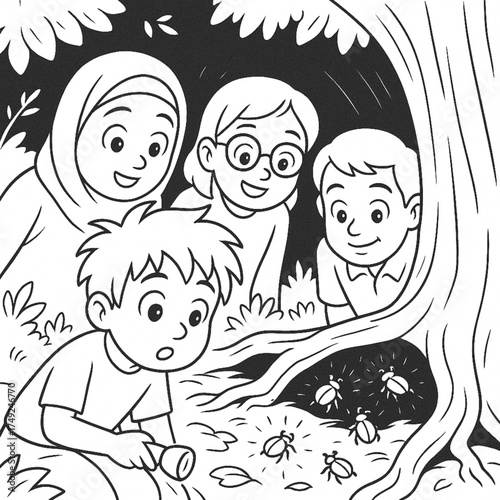 A curious family exploring the forest at night, discovering glowing fireflies with a flashlight in a black and white line art illustration