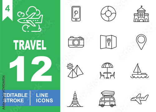 Travel set of web icons in line style. Exclusive travel line icon collection. Containing airplane, phone, lifesaver, castle, camera, map, location, pyramids, cafe, and airplane. Editable stroke.