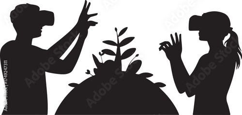Two silhouettes wearing V R headsets interacting with a stylized plant virtual reality VR headset