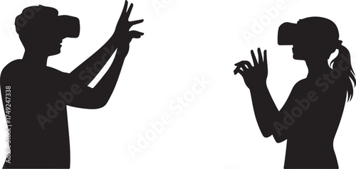 Two silhouettes wearing virtual reality headsets interacting with digital space technology