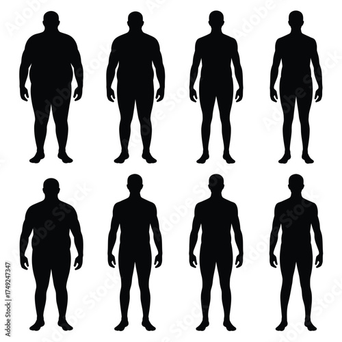 Human body silhouette illustrations showing weight loss progression vector graphics silhouette