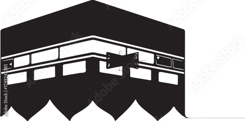 Black and white graphic illustration of the Kaaba structure with arched base Islamic architecture Mecca