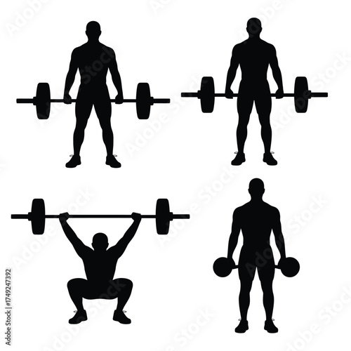 Silhouetted weightlifters performing strength training exercises vector illustration scalable eps silhouette