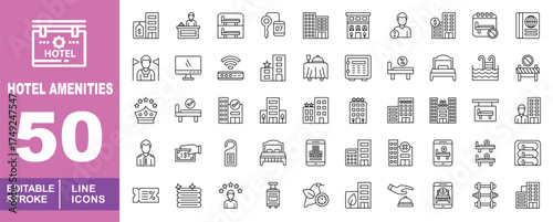 Hotel amenities set of web icons in line style. Exclusive hotel amenities line icon collection. Containing price, reception, bed, key, hotel, people, user. Editable stroke. Vector illustration.