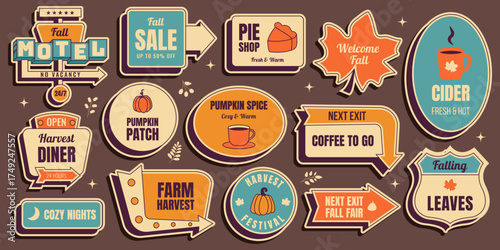 Retro autumn fall sticker set with harvest festival, pumpkin patch, pie shop, cider stand, motel, diner, maple leaves and more cozy seasonal signs.Vintage mid century 50s americana vector illustration