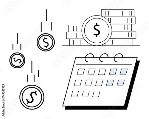 Falling coins, stacked cash, and calendar elements highlight budgeting, income tracking, and expense management. Ideal for finance, planning, savings, deadlines investment economy simple flat