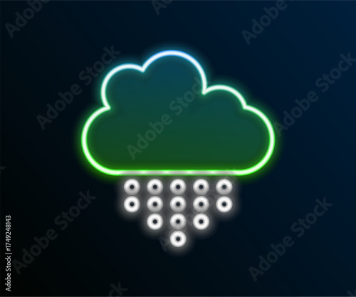 Glowing neon line Cloud with rain icon isolated on black background. Rain cloud precipitation with rain drops. Colorful outline concept. Vector