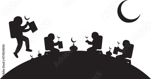Black silhouettes of people holding crescent moons and books on a dome with a crescent moon in the sky