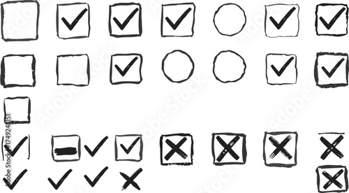 Hand-drawn checkboxes and symbols, visual pattern grid vector, minimal sketch design, cognitive test elements, black and white illustration, abstract shape layout