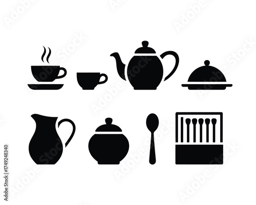 Set of black silhouette icons representing tea time and dining essentials scalable vector illustration silhouette