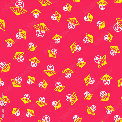 Line Asian or Chinese conical straw hat icon isolated seamless pattern on red background. Chinese man. Vector