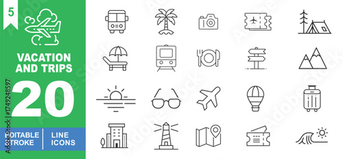 Vacation set of web icons in line style. Exclusive vacation line icon collection. Containing bus, palm tree, camera, ticket, tent, sunbed, train, restaurant. Editable stroke. Vector illustration.