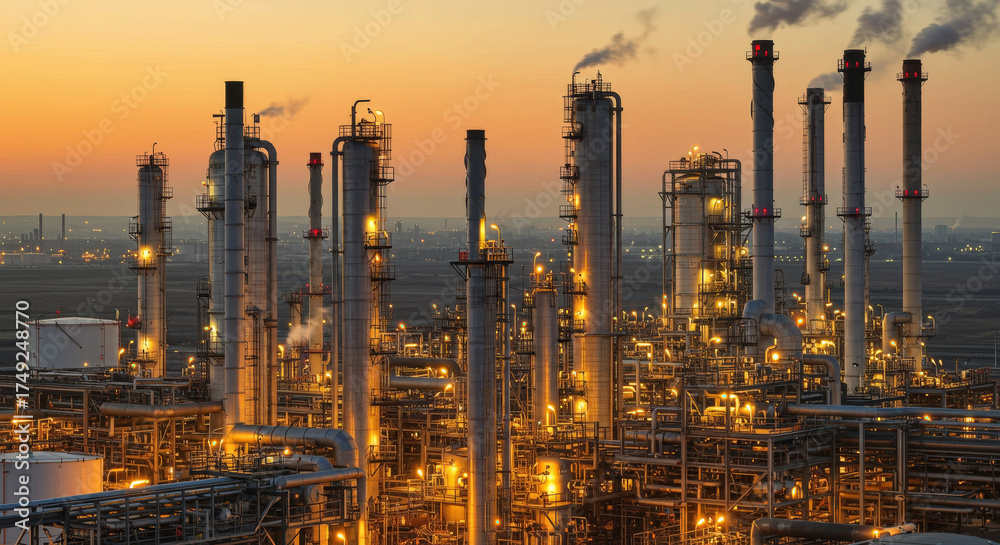 Fototapeta premium Industrial refinery at dusk with warm light reflections on metal pipes, smoke rising gently