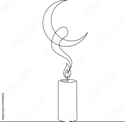 One line drawing of candle with smoke forming crescent moon, minimalist spiritual art vector illustration symbolizing peace and faith