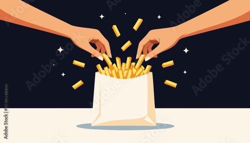 Two hands sharing french fries from a paper bag. Modern flat design vector illustration. Fast food and snacking concept for restaurants