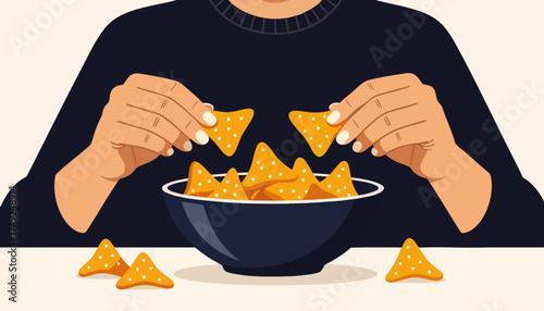Person eating tortilla chips from a bowl. Snacking on crunchy corn nachos concept. Modern flat design vector illustration