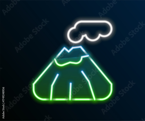 Glowing neon line Volcano icon isolated on black background. Colorful outline concept. Vector