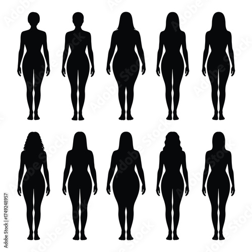 Set of 10 diverse female body shape silhouettes vector illustration scalable eps icon graphic silhouette