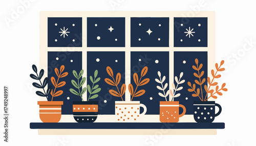 Cozy winter window scene with houseplants and falling snow. Flat design vector illustration of a hygge home interior at night