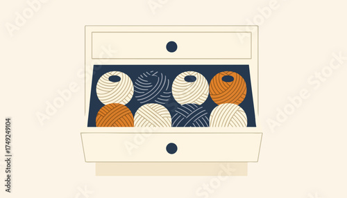 An open drawer filled with balls of yarn for knitting and crafts. Minimalist flat design vector illustration of hobby supplies and home organization