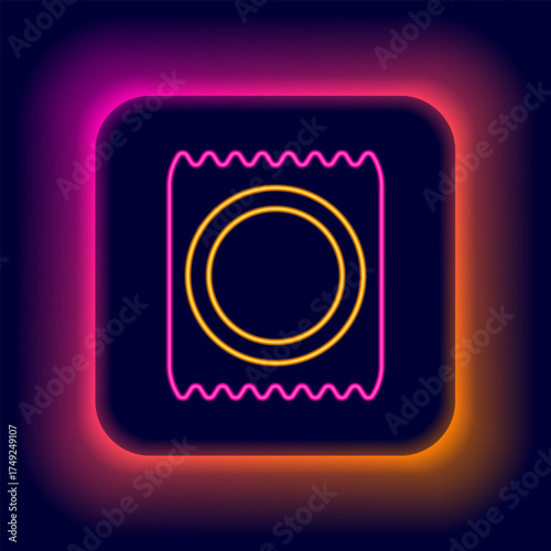 Glowing neon line Condom in package icon isolated on black background. Safe love symbol. Contraceptive method for male. Colorful outline concept. Vector