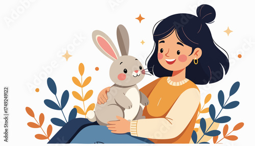 A smiling woman holding a cute rabbit. Flat design vector illustration of a person with a pet. Animal care and companionship concept