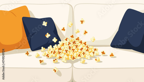 Spilled popcorn on a couch illustration. Flat design for movie night and home leisure concept. Messy snack vector graphic