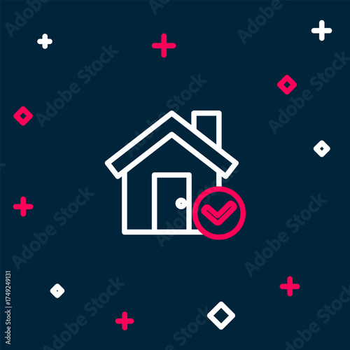 Line House with check mark icon isolated on blue background. Real estate agency or cottage town elite class. Colorful outline concept. Vector