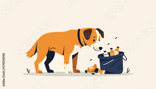 A dog sniffing trash and plastic bottles. Environmental pollution and recycling concept. Flat design vector illustration