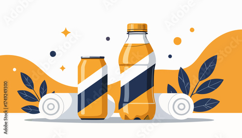 Beverage can and bottle illustration. Flat design for soft drink product mockups. Vector graphic for advertising and packaging