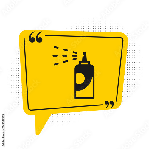 Black Spray can for hairspray, deodorant, antiperspirant icon isolated on white background. Yellow speech bubble symbol. Vector