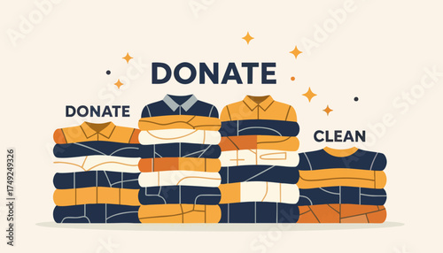 Clothes donation concept with stacks of folded garments. Flat design vector illustration for charity and recycling. A call to action to donate clean second-hand apparel