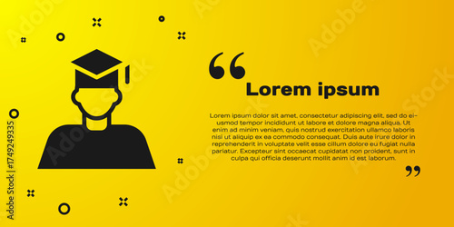 Black Graduate and graduation cap icon isolated on yellow background. Vector