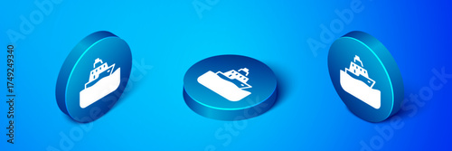 Isometric Cruise ship icon isolated on blue background. Travel tourism nautical transport. Voyage passenger ship, cruise liner. Worldwide cruise. Blue circle button. Vector