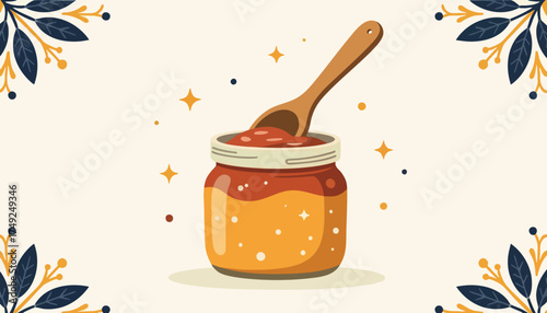 Vector illustration of a jar of homemade jam or honey. Stylized flat design with a wooden spoon and decorative floral elements. Sweet food and preserves concept